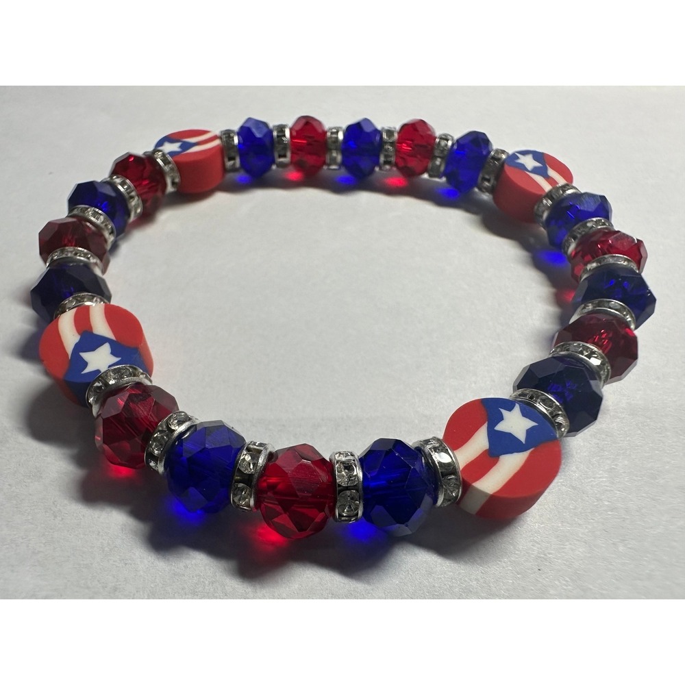 Puerto Rico Flag Beaded Elastic Stretch Bracelet Red Blue Bangle Jewelry